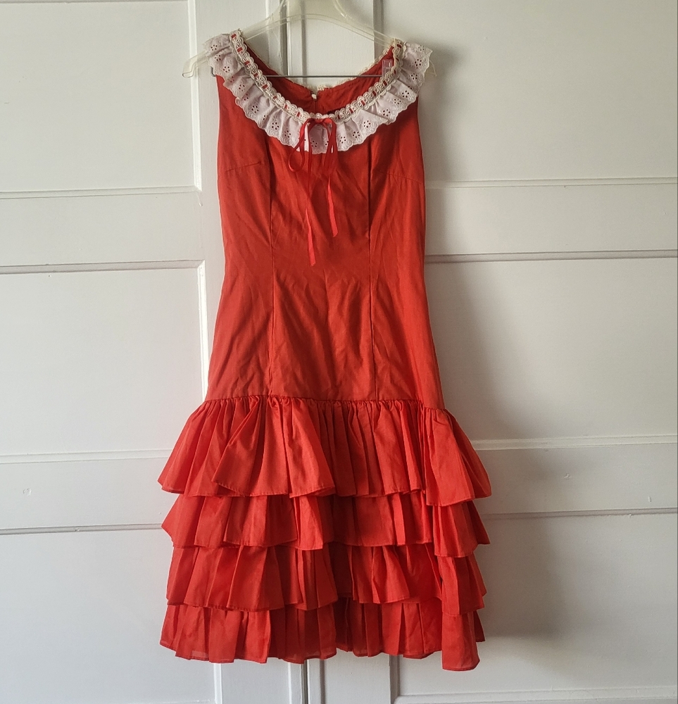 Vintage Peasant Prairie Sleeveless Tiered Dress Lace Collar Red Orange